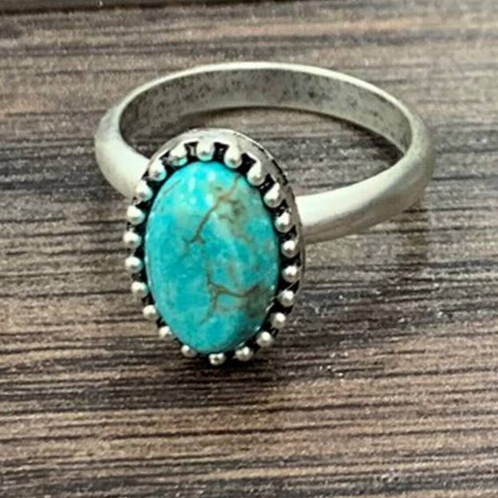 Oval Turquoise Adjustable Ring – Antique Silver Brass Band